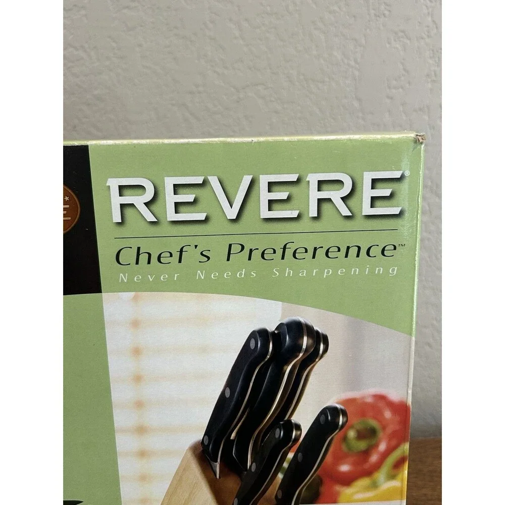 Revere Ware 6 Pc Knife Set W Wood Block Black Handles Never Needs Sharpening